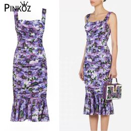 runway designer purple flower printed spaghetti strap slim bodycon midi dress for women summer holiday draped robe femme 210421