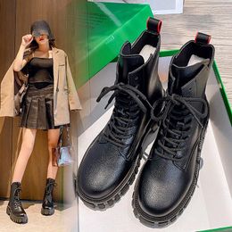 Boots 2021 Colour Thick Sole Casual Shoes Women Flat Real Leather Round Toe Platform Ankle Botas Autumn Comfort Short Sneakers