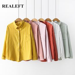 Autumn One Pocket Striped Korean OL Style Women's Blouses Long Sleeve Turn-down Collar Casual Shirt Female 210428