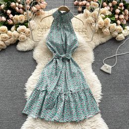 SINGREINY Off Shoulder Halter Floral Dress Women Sleeveless Sashes A-line Ruffles Dresses Summer Boho Print Vacation Short Dress 210419