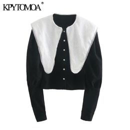 Women Fashion With Bejewelled Buttons Blouses Peter pan Collar Puff Sleeve Female Shirts Chic Tops 210420