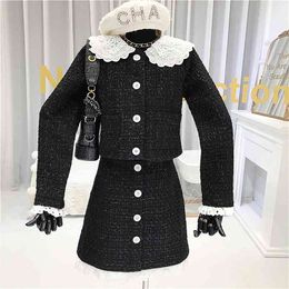 Fall Winter Korean Vintage Woollen 2 Piece Set Women Tweed Jacket Coat + Bodycon Mini Skirt Suits Elegant Two 210514