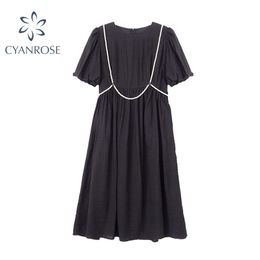 Summer Fashion Women Beading Design Black Cotton Dresses O- Neck Puff Sleeve Street leisure Lady Knee-Length Loose Dress 210515