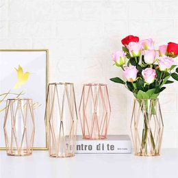 -Nordic Flor Artificial Vaso Lanterna-Em Forma de Ferro Art Plant Glass Crack Garrafa Banhado Ouro Decoração de Casamento 210610