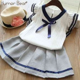 Summer Girls' Clothing Set Fly-sleeve College Style Bow Cotton T-Shirt + Skirt 2PCS Children's Clothes 210611