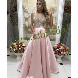 Plunging V Neck Beaded Crystals Prom 2019 Dusky Pink Satin Sleeveless Evening Dresses Formal Party Wear Gowns Plus Size 328 328