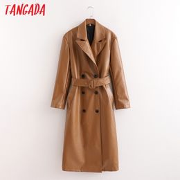 Women Elegant Solid Brown Faux Leather Long Trench Coat With Belt Office Ladies Outwear Windbreak 1D74 210416