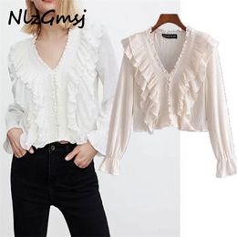 Blouse women shirts V neck korean chic ruffled blouse loose top casual solid white fashion woman clothes 03 210628