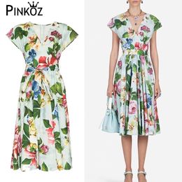 vintage v-neck flower printed summer holiday midi dress for women party floral luxury dinner boho dresses chic vestidos 210421