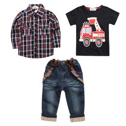 Boys Jeans Set 3pcs Plaid Shirt Overall Firetruck T-shirt Jeans Pants Suspender Kid Clothes Car Outfit Trousers Suits 210413