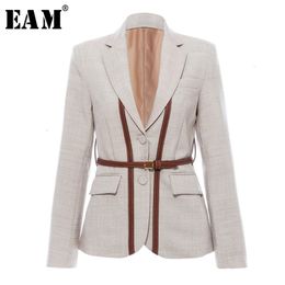 [EAM] Women Split Pu Leather Brief Short Blazer Lapel Long Sleeve Loose Fit Jacket Fashion Spring Autumn 1K458 211122