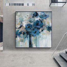 Abstract Blue Flower Posters and Prints Oil Painting Printed on Canvas Poster Watercolour Wall Picture for Living Room Home Decor