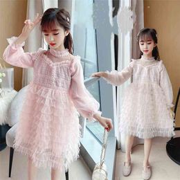 Spring Autumn4 6 8 10 12 Years Child England Style Party Princess Sweet Long Sleeve Cake Layer Dress For Kids Baby Girl 210625