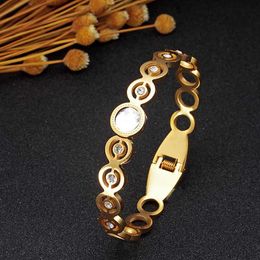 Luxury Stainless Steel Cubic Zirconia Cuff Bracelets Bangle for Women Gold Plating Shell Crystal Wristband Female Jewellery Q0719