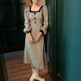 Nomikuma Plaid Dress Women Contrast Colour Patchwork Square Collar Long Sleeve Mid Calf Dresses Female Elegant Retro Vestidos 210514