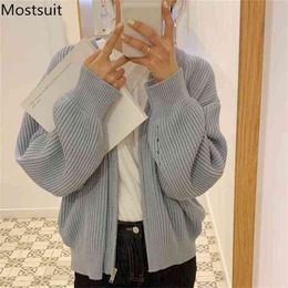 Korean Chic Solid Zip-up Women Cardigans Sweaters Autumn Long Sleeve O-neck Fashion Casual Basic Tops Jumpers Femme 210513