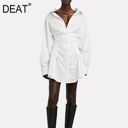 DEAT Women White Asymmetrical Folds A-line Single Breasted Dress New Round Neck Long Sleeve Slim Fashion Tide Summer 7E7925 210428