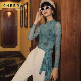 Mesh Turtleneck Long Blouse Women See Through Transparent Sheer Top Floral Side Split Sleeve Ladies Fall 210427