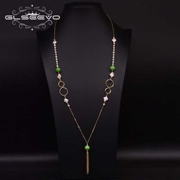 GLSEEVO Handmade Natural Fresh Water Pearl Jade Long Pendant Necklace For Women Sweater Chain Fine Jewelry collares GN0186