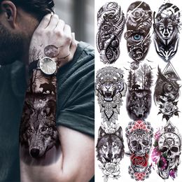 Black Forest Tattoo Sticker For Men Women Children Tiger Wolf Death Skull Temporary Tattoo Fake Skeleton King Animal Tatoo