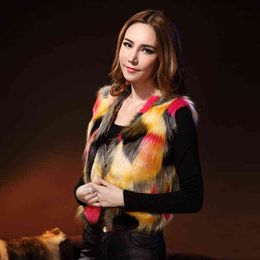 Winter Woman Sleeveless Short Jackets Fashion Match Colour Faux Fur Vest Slim Fit Woman Furry Coats 211213