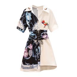 Women Turn Down Collar Shirt Dress Short Sleeve Belt Sash Lace Up Floral Embroidery D2138 210514
