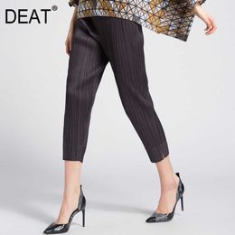 DEAT Pleated Pants Woman Seven Length Pencil Small Feet Office Lady Slim Solid Elastic Trousers Autumn Fashion XQ155 211006