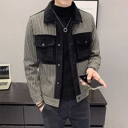 Mens Wool Trench Coat Striped Casual Jacket Autumn Winter Warm Steetwear Windbreaker Big Pocket Outwear Ropa De Hombre 211122