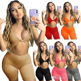 Summer Women Jumpsuits Sexy Low Cut Halter Solid Color Sleeveless Vest Shorts Sports Rompers Club Tight Fashion Overalls Pants