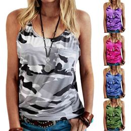 Sleeveless Sexy U-neck Green Amouflage Printed Tanks for Woman Summer Casual Loose Pocket Plus Size Women Off Shoulder Tank Tops 210604