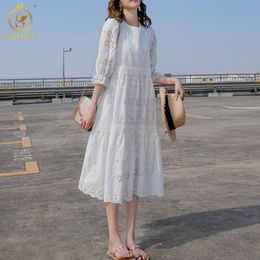 Fashion Summer Elegant Lace Hollow Out White Dresses Women's Loose Mid-Length Dress Vestidos 210520