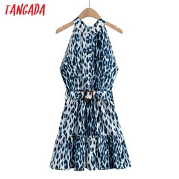 Summer Women Blue Leopard Halter with Belt Sleeveless Ladies Mini Dress Vestidos 1F93 210416