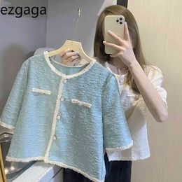 Ezgaga Vintage Office Lady Short Sleeve Elegant Blouse V-Neck Summer Korean Fashion Single-breasted Loose Contrast Women Shirts 210430