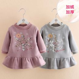 Winter 2 3 4 6 8 10 11 12 Years Teenager Crew-Neck Glitter Long Sleeve Thickening Plus Velvet Kids Baby Girls Warm Dress 210529