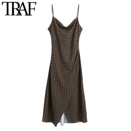 TRAF Women Fashion Polka Dot Wrap Slit Midi Dress Vintage Backless Side Zipper Thin Straps Female Dresses Mujer 210415