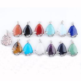 Wholesale Natural Gemstone Teardrop Pendant Inlaid Metal Flower Water Drop Pink Quartz Lapis Crystal Opal Turquoise Agate Women Men Je