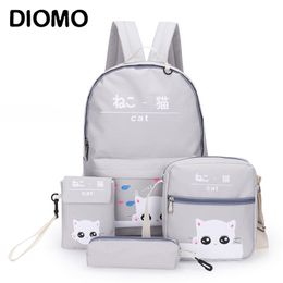 DIOMO 4pcs/Set Laptop School Backpacks for Girls Boys Teenagers Female Bagpack Sac A Dos Femme Cute Cat Oxford Satchel Kids 210809