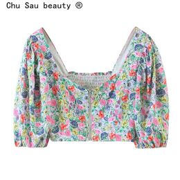 Fashion Summer Women Casual Chic Floral Print Chiffon Crop Tops Ladies Holiday Style Short Sleeve Zipper Shirts Female 210508