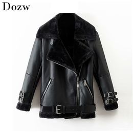 Women Stylish Faux Leather Coat Black Colour Fashion PU Jacket With Belt Thicken Warm Long Sleeve Coats Ladies Winter Outerwear 210414