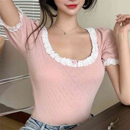 Lace Hollow-out Square-Cut Collar Pink Thin Sweater Women's Summer Short-Sleeved Slim-Fit Viscose Fibre Top 210529