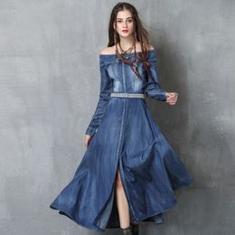 Johnature Slash Neck Denim Dress Women Clothes Autumn Embroidery Vintage Loose Pockets Full Sleeve Women Dresses 210521