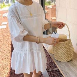 Kawaii Puff Sleeeve Mini Dresses for Women Japanese Sweet Ladies White Dress Summer Casual Loose Vestido De Mujer 210514
