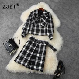 Autumn Winter Runway 2 Piece Set Women Elegant Long Sleeve Retro Plaid Woollen Jacket and Skirt Suit Casual Twinset 210601