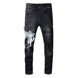 22SS Jeans Men Slim Fit Angel Printed Hole Black Men's Denim Pants Jean Hip Hop Trousers Big Size 28-40