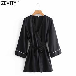 Zevity Women Vintage Cross V Neck Solid Casual Slim Lace Up Kimono Mini Dress Ladies Chic Long Sleeve Sashes Vestido DS4964 210603