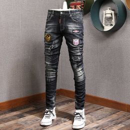 Fashion Streetwear Men Jeans Retro Black Blue Elastic Slim Fit Ripped for Patches Designer Hip Hop Denim Punk Pants