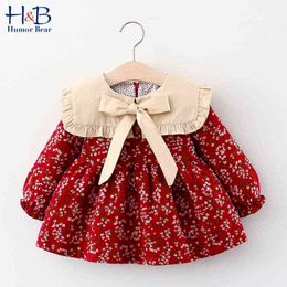 Humor Bear Baby Girl Dress 2020 Autumn Winter Long Sleeve Floral Printed Doll Collar Ruffled Bowknot Princess Dress G1129