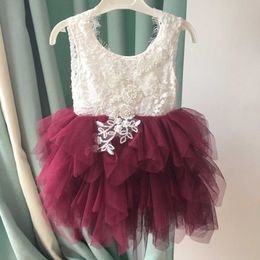 Ins Kids Xmas Tutu Dress For girls Lace Bungundy Fancy 1st Baby Birthday Party Vestido Flower Gilrs Wedding Clothing 210529