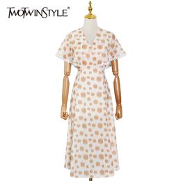 Hit Color Hollow Out Dress For Women V Neck Short Sleeve High Waist Vintage Print Midi Dresses Female Clothing 210520