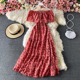 Sexy Slash Neck Midi Dress Women Bohemian Floral Printed Robe Female Ruffle Big Swing Chiffon Vestidos Female 2021 New Fashion Y0603